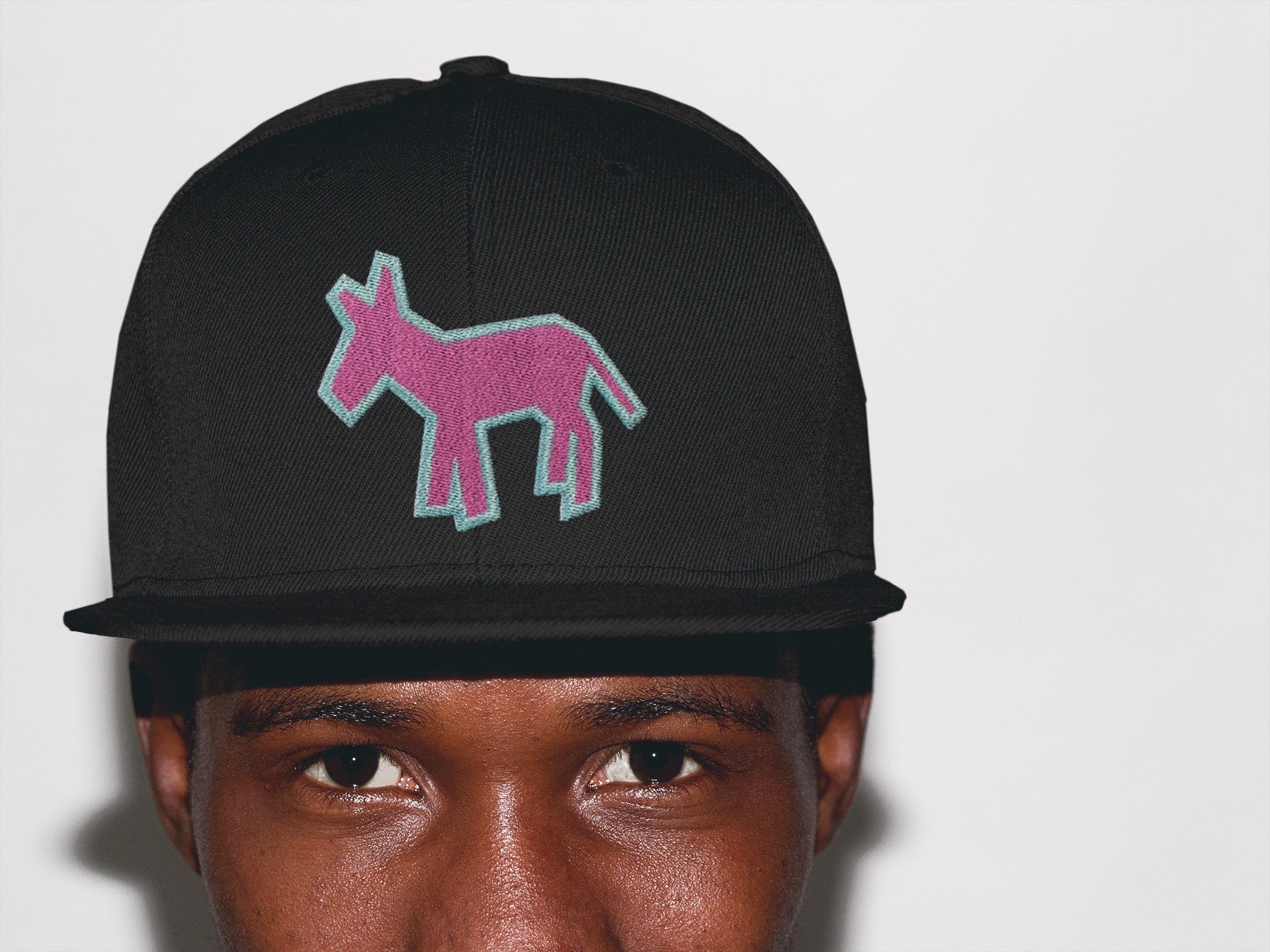 Street Art Donkey Patch - Aqua Pink - Black Hat Tshirt - Donkey Tees